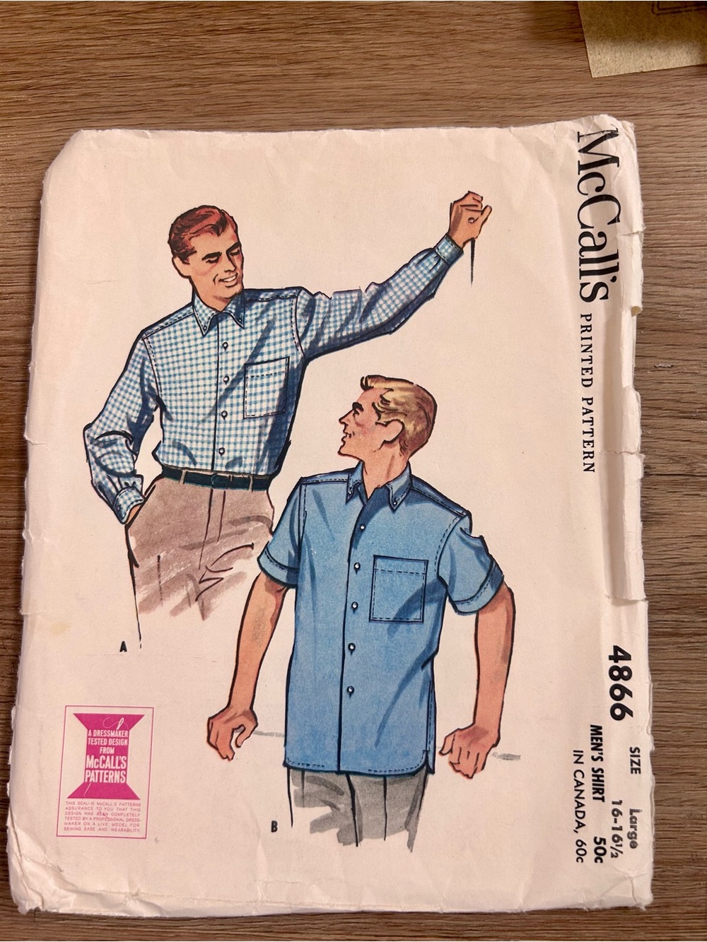 Vintage 1950s McCall’s Men’s Shirt Sewing Pattern 4866 Large Cut